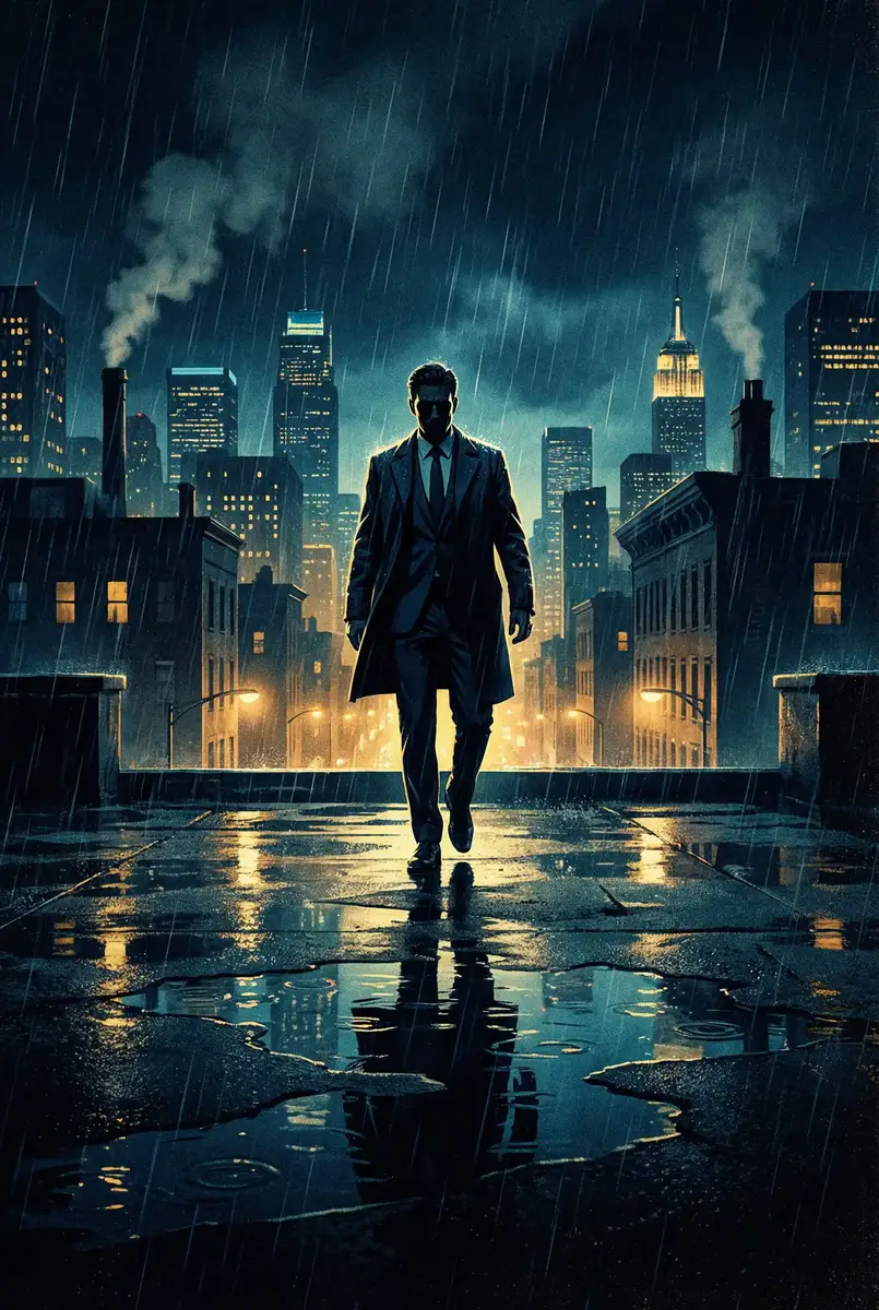 中国VPSWINDOWS野外农民工 出品影片《雨夜独行者》海报，雨中城市屋顶男性剪影